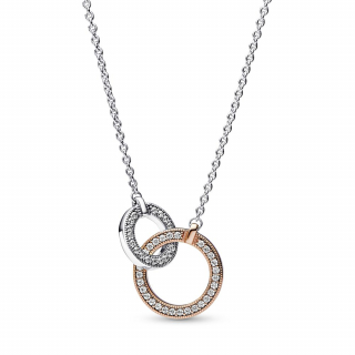 Ogrlica od čistog srebra  Pandora logo isprepletani krug  sa 14k roze pozlatom i prozirnim kockastim cirkonima 