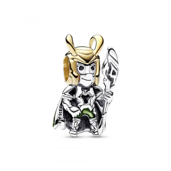 Privezak Marvel Loki od čistog srebra  sa 14k pozlatom sa providnim zelenim i crnim emajlom 