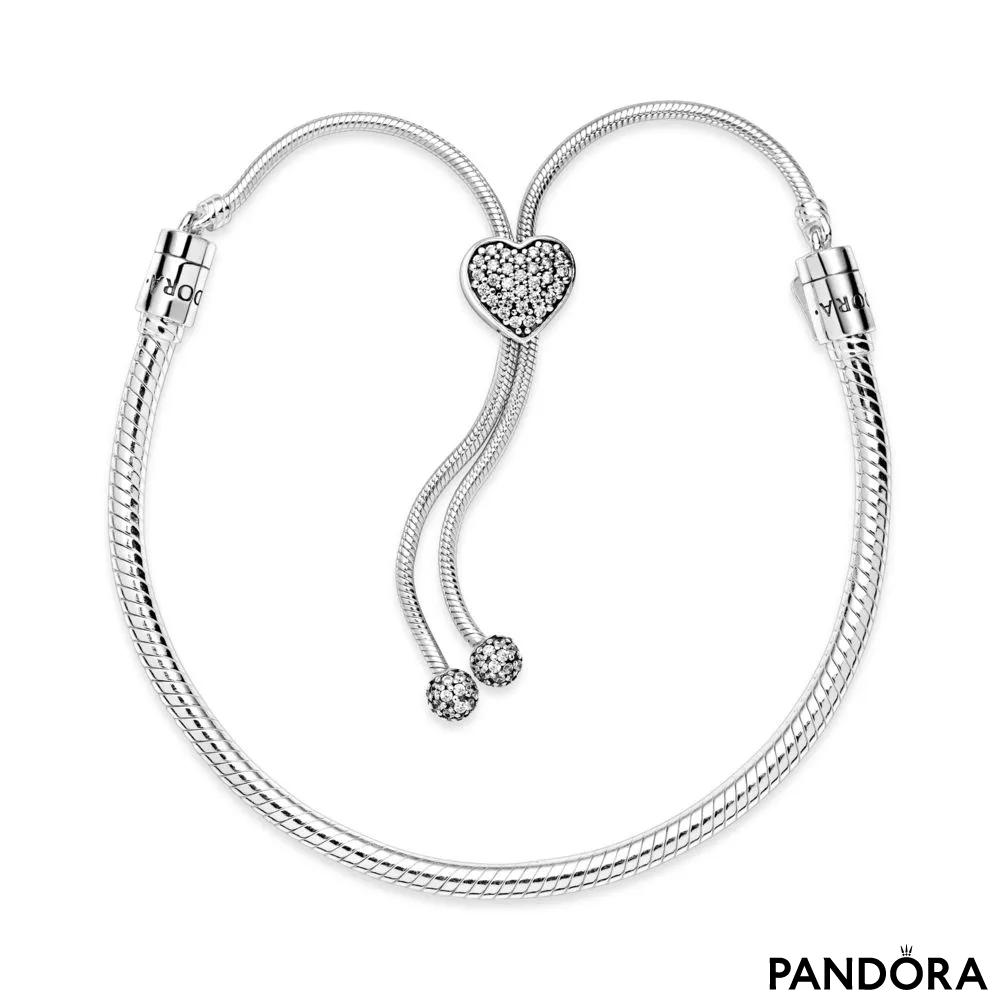 Pandora Moments Pavé klizna narukvica od zmijskog lanca sa kopčom u obliku srca 